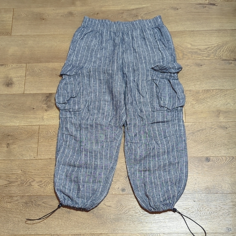 Lanthropy Linen Stripe Parachutte Lantern Drawstring Cuffs Cargo Pants sz M